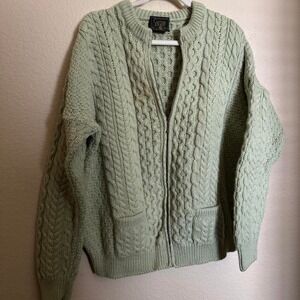 Vintage Carraig Donn Irish Merino Wool Chunky Cable Knit Zip Up Sweater‎ sz XL